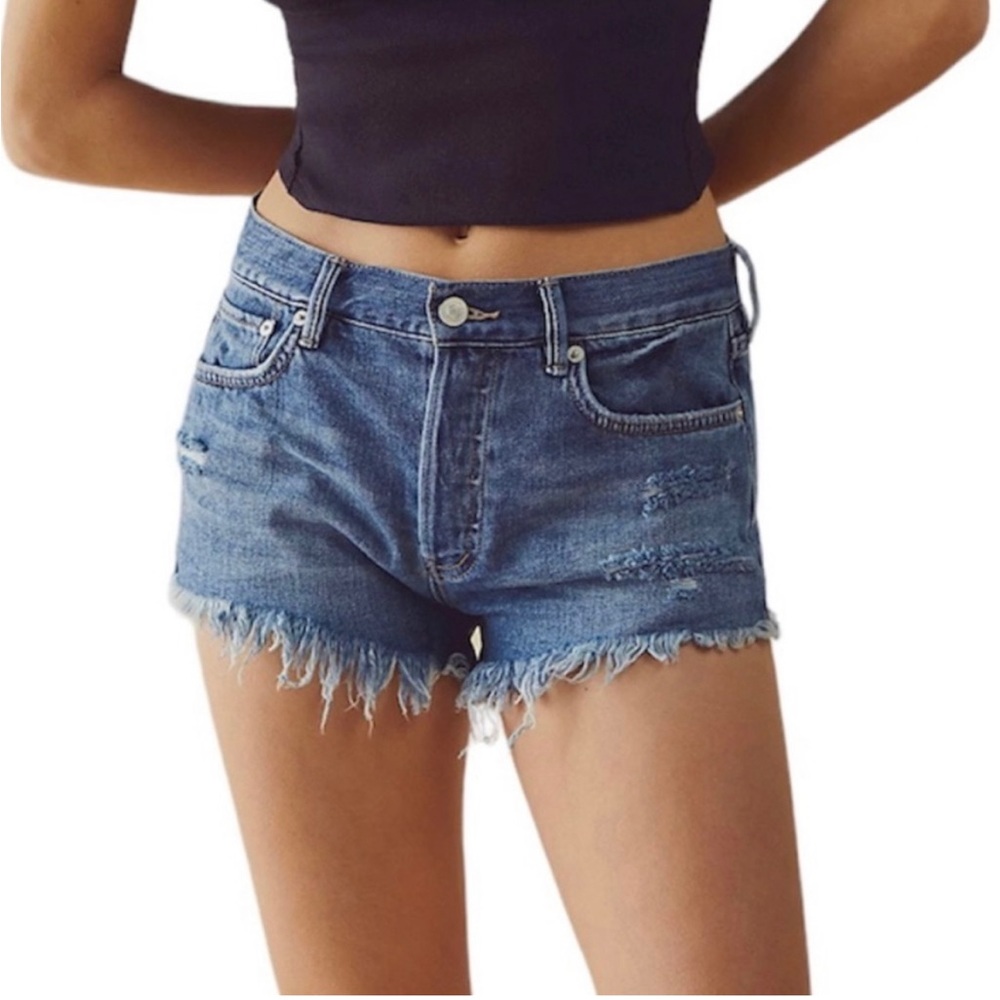 Free People We the Free Distressed Frayed Cutoff Blue Denim Jean Shorts Size 25
